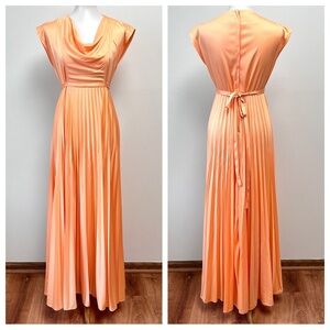 Vintage Retro Coral Sateen Draped Cowl Neck Pleated Skirt Goddess Maxi Dress